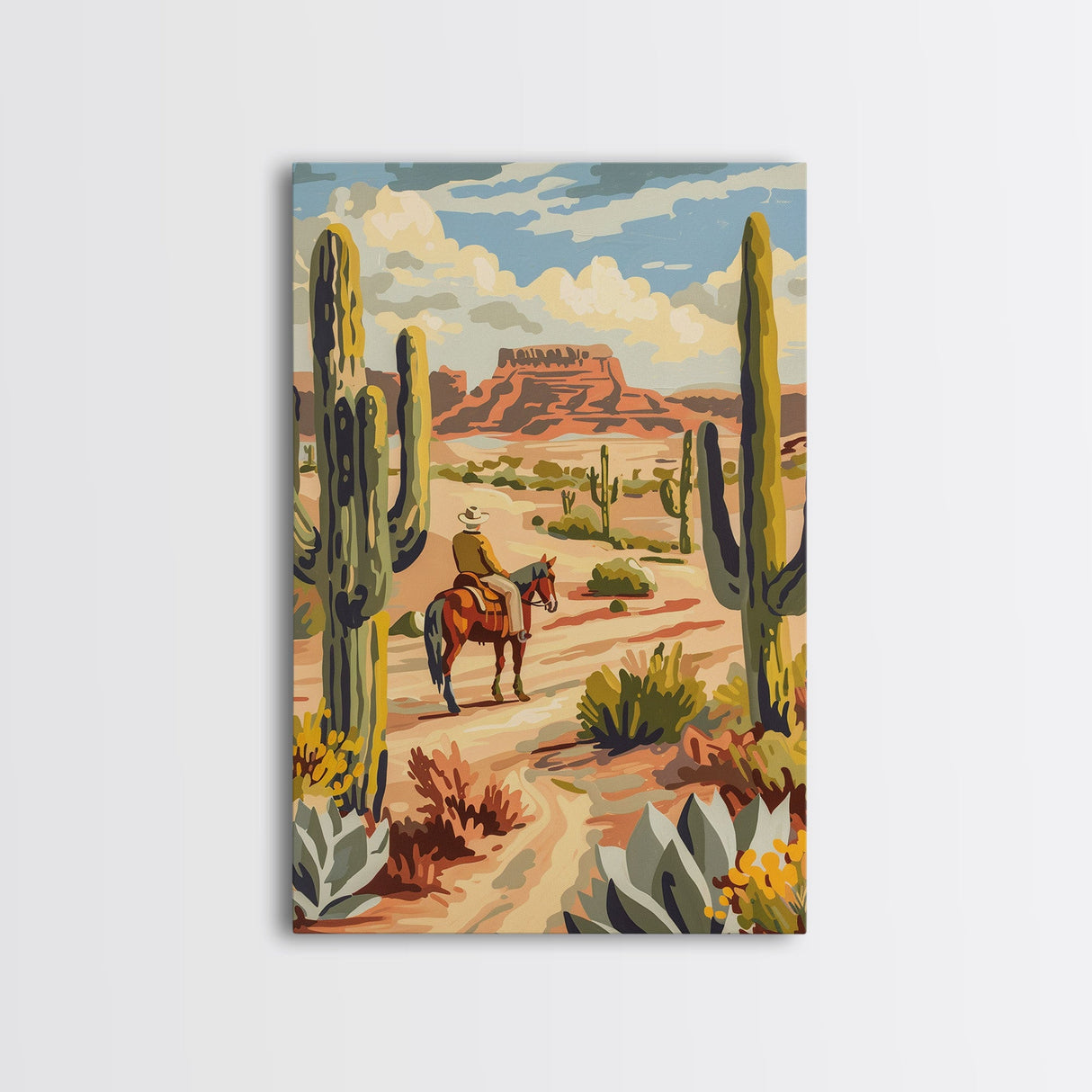 Cowboy Riding in Desert Landscape with Cacti - Framed Canvas Print, Western Art, Southwestern Decor, Desert Scene Wall Art for Home