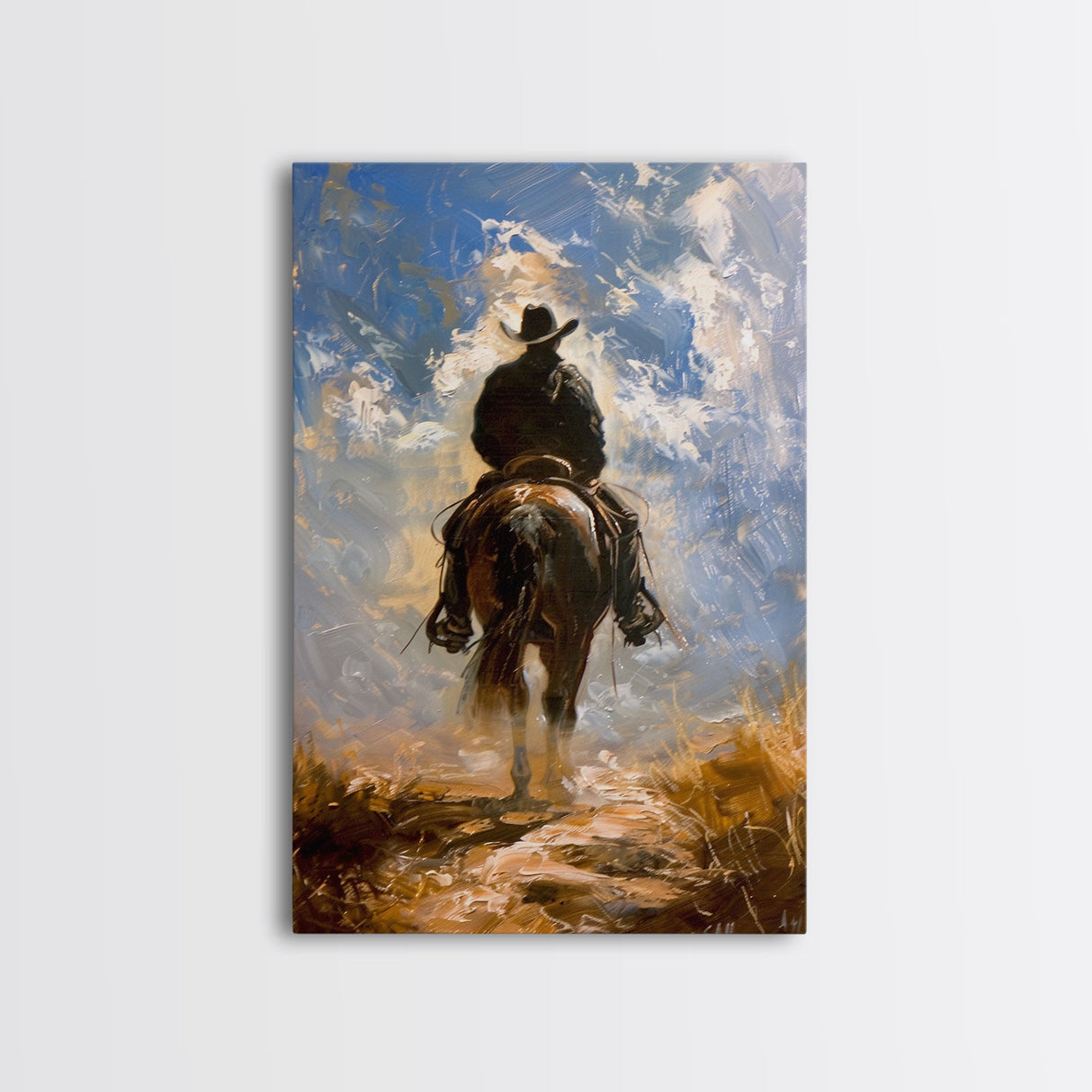Cowboy Silhouette Riding Through the Plains - Framed Canvas Print, Western Art, Rustic Decor, Living Room Wall Art, Cowboy Themed Art