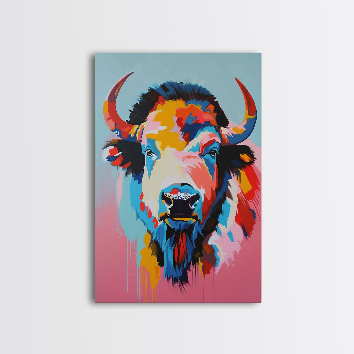 Colorful Bison Head in Pop Art Style - Framed Canvas Print, Animal Decor, Bison Art for Bedroom, Vibrant Wall Art for Living Room
