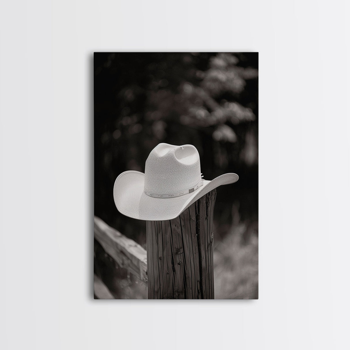 Cowboy Hat on a Wooden Fence Post in Rustic Black and White Photography for Western Home Decor, Canvas Prints, Wall Art for Living Room