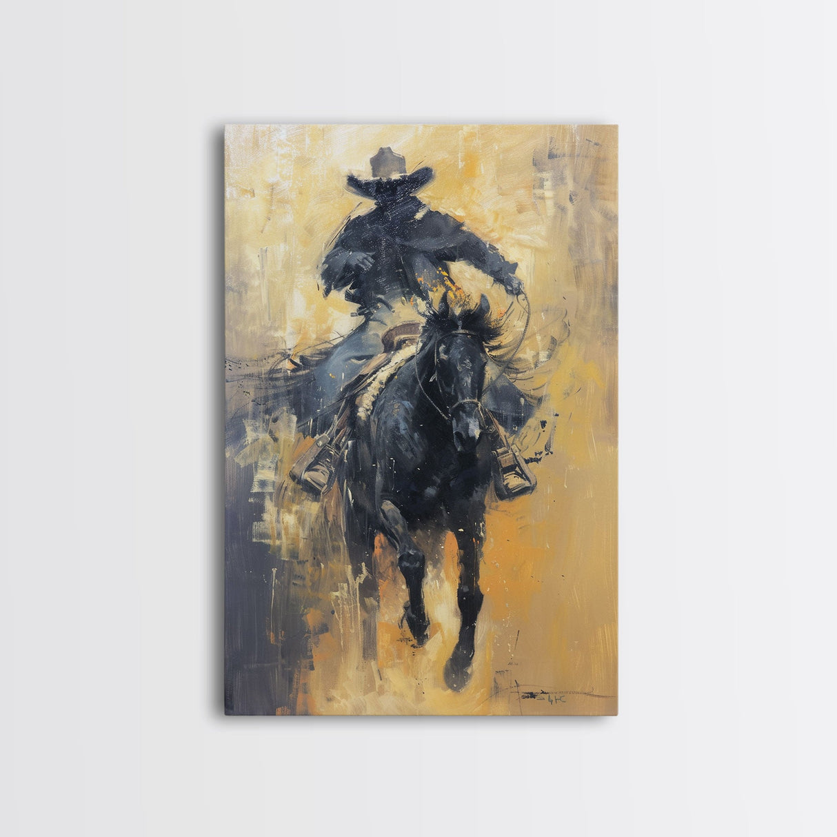 Dynamic Cowboy on Horseback Framed Canvas Print - Energetic Western Decor, Action Wall Art for Living Room, Bedroom