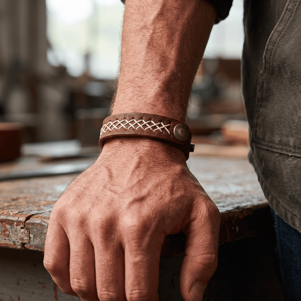 Lifestyle photo of a man's wrist resting on a workbench, wearing the brown leather Cross Stitch Cuff with its cream cross-stitch band and antique brass snap, workshop setting in the background.