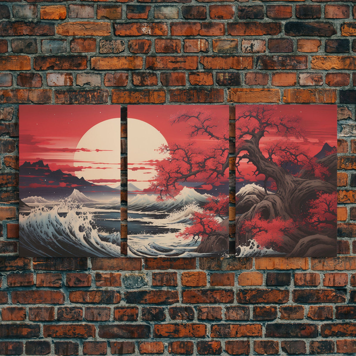 Ocean Art Print, Cherry Blossom, Asian Art, Japanese Wall Art, Canvas Print, Wall Art, 3 Piece Wall Art, Apartment Wall Decor, Room Decor