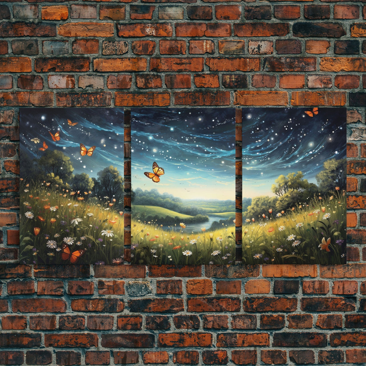 Wildflower Meadow. Wildflower Art, Canvas Print, Butterflies, Wall Art, 3 Piece Wall Art, Country Home Decor, Indie Room Decor, Room Decor