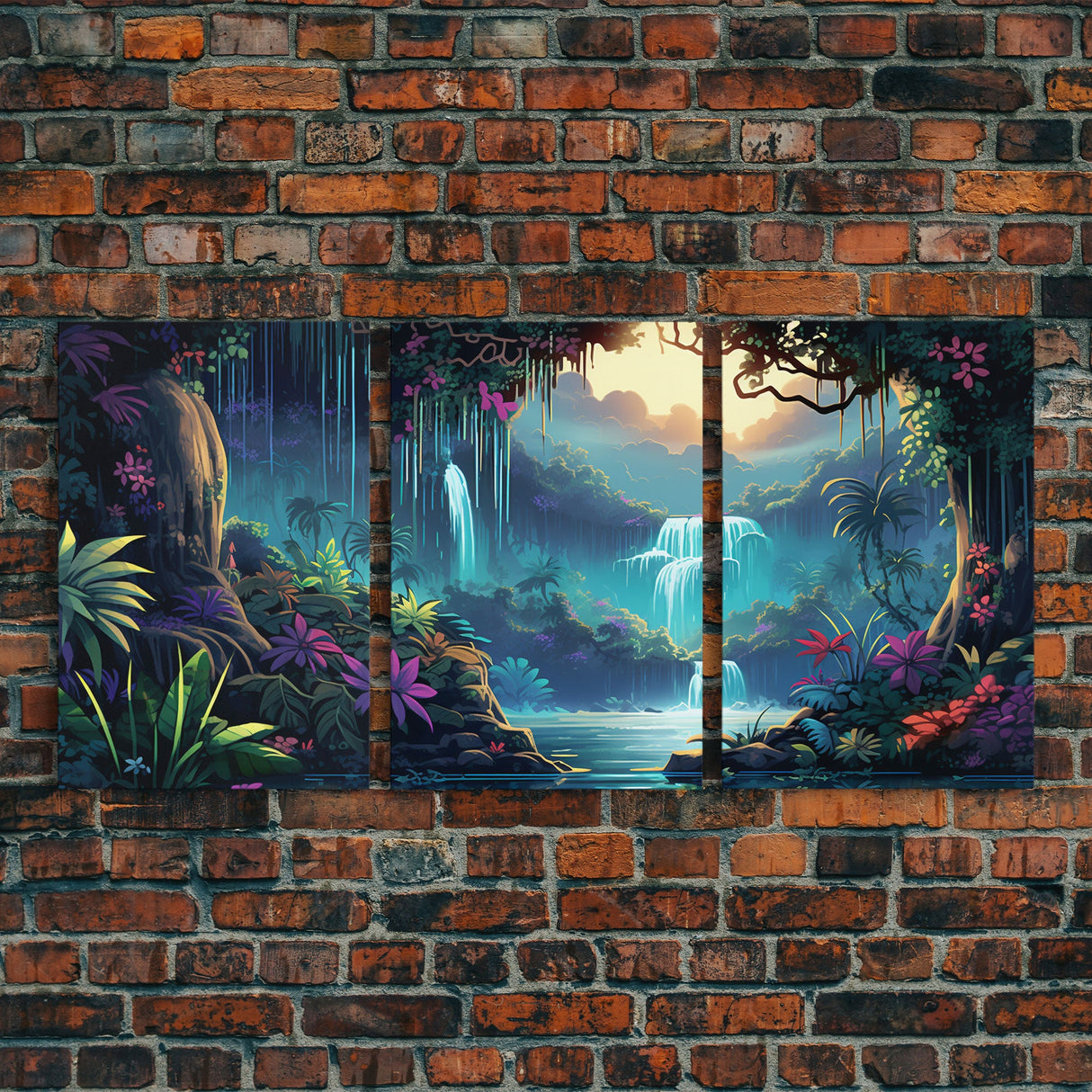 Jungle Wall Print, Waterfalls Wall Art, Nature Print, Landscape Art, Canvas Print, Wall Art, 3 Piece Wall Art, Newlywed Gift, Dorm Room Art