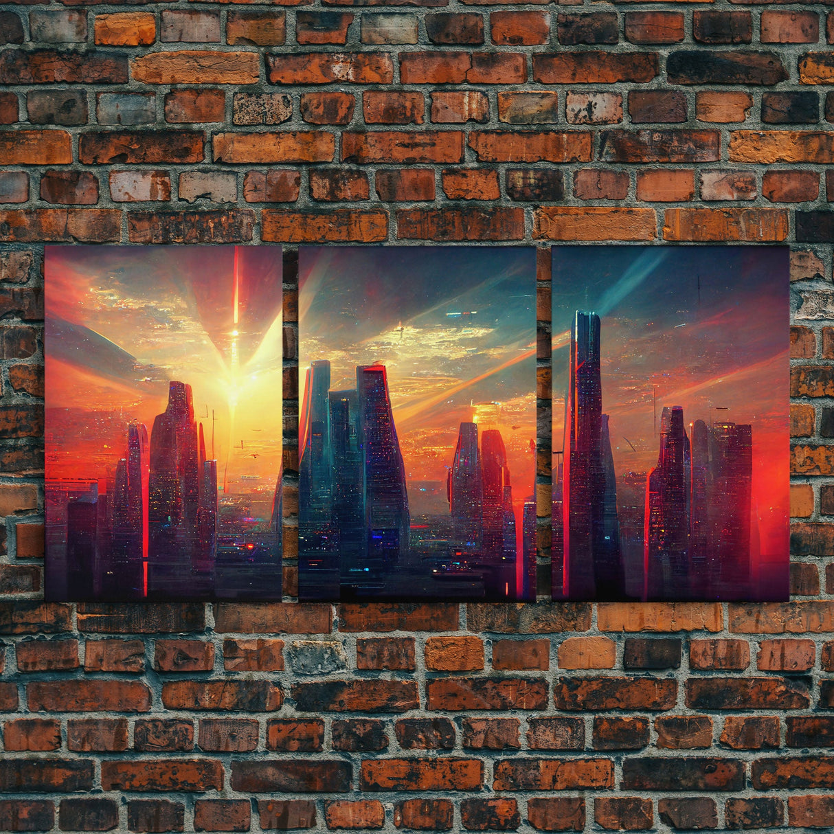 Cyberpunk City At Sunset, Futuristic, 3 Piece Wall Art, Ready To Hang Canvas Print, Cool Living Room Wall Art Decor