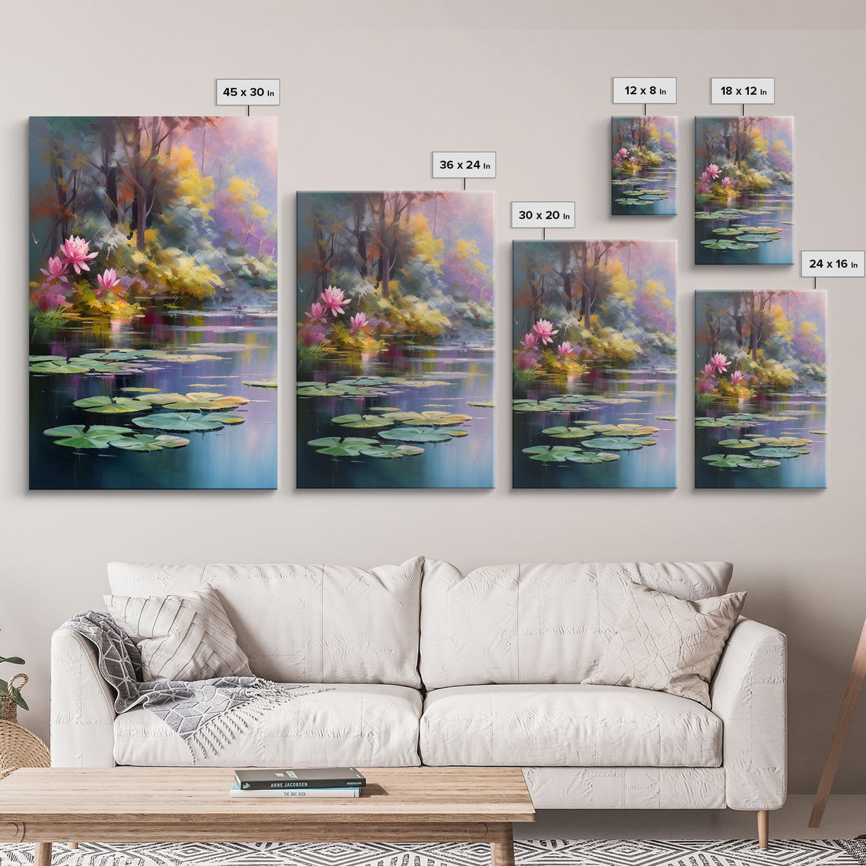 The Lilly Pads, Framed Canvas Prints, 3 Piece Art, Beautiful Pond Painting, Centerpiece Art, Nature / Landscape Painting