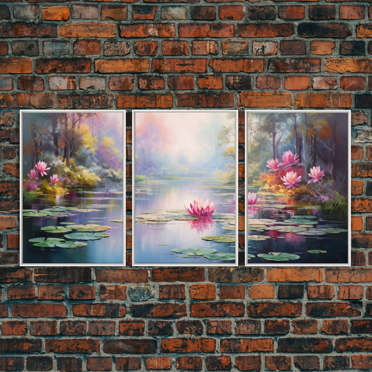 The Lilly Pads, Framed Canvas Prints, 3 Piece Art, Beautiful Pond Painting, Centerpiece Art, Nature / Landscape Painting