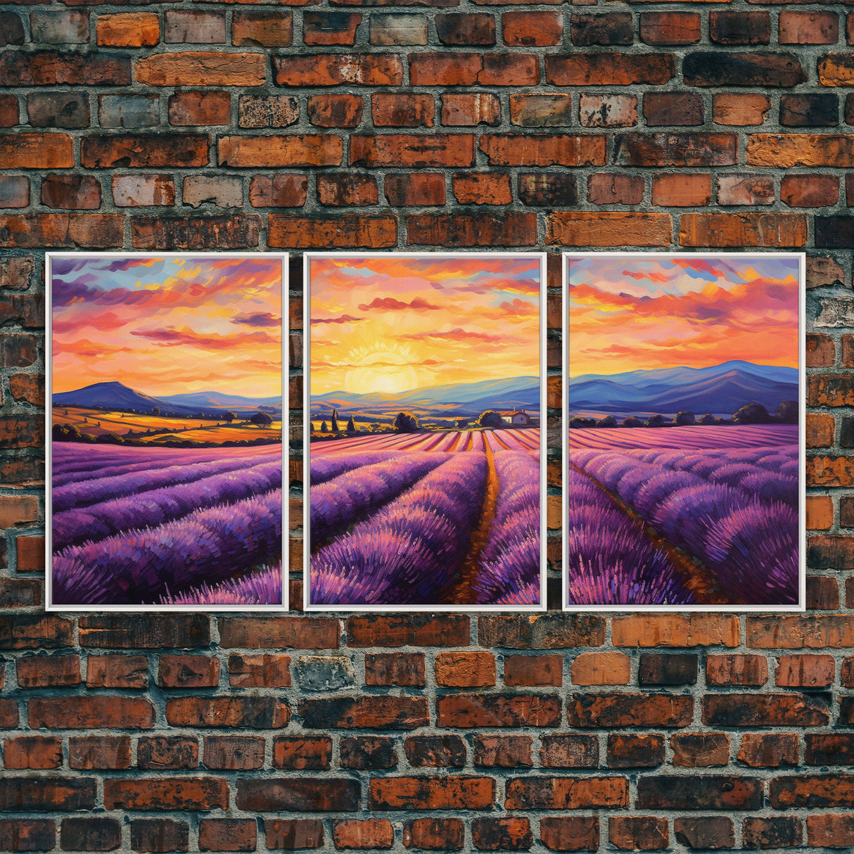 Purple Lavender Fields, 3 Piece Wall Art, Framed Canvas Print, Beautiful Original Landscape Painting, Sunset Painting, Farmhouse Decor