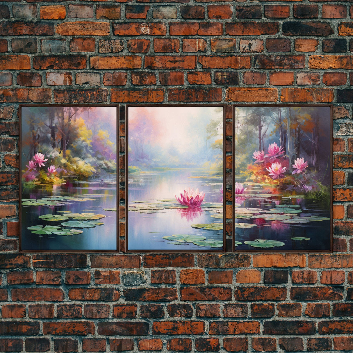 The Lilly Pads, Framed Canvas Prints, 3 Piece Art, Beautiful Pond Painting, Centerpiece Art, Nature / Landscape Painting