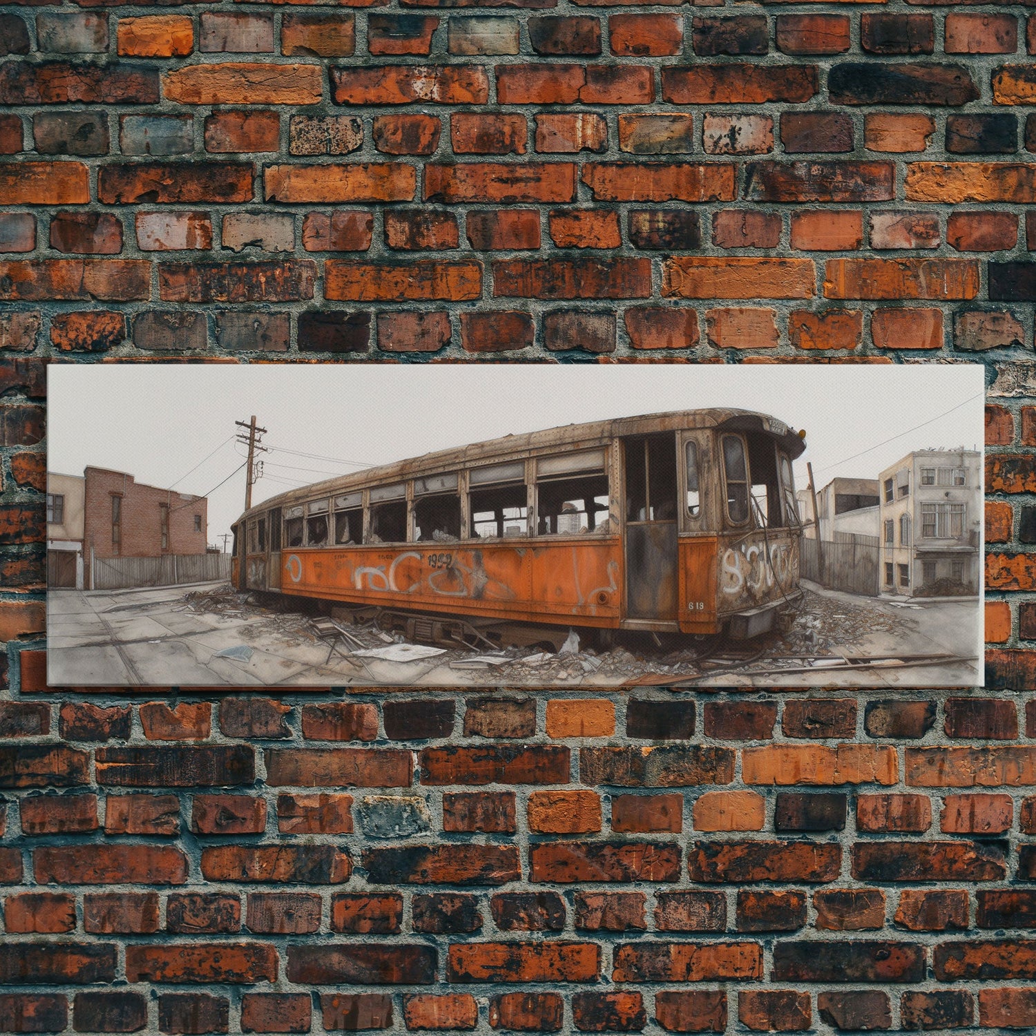 Abandoned Orange Train, Graffiti Art, Urban Art Print, Street Art, Wall Decor, Large Canvas Print, Panoramic, Wall Art, Canvas Print