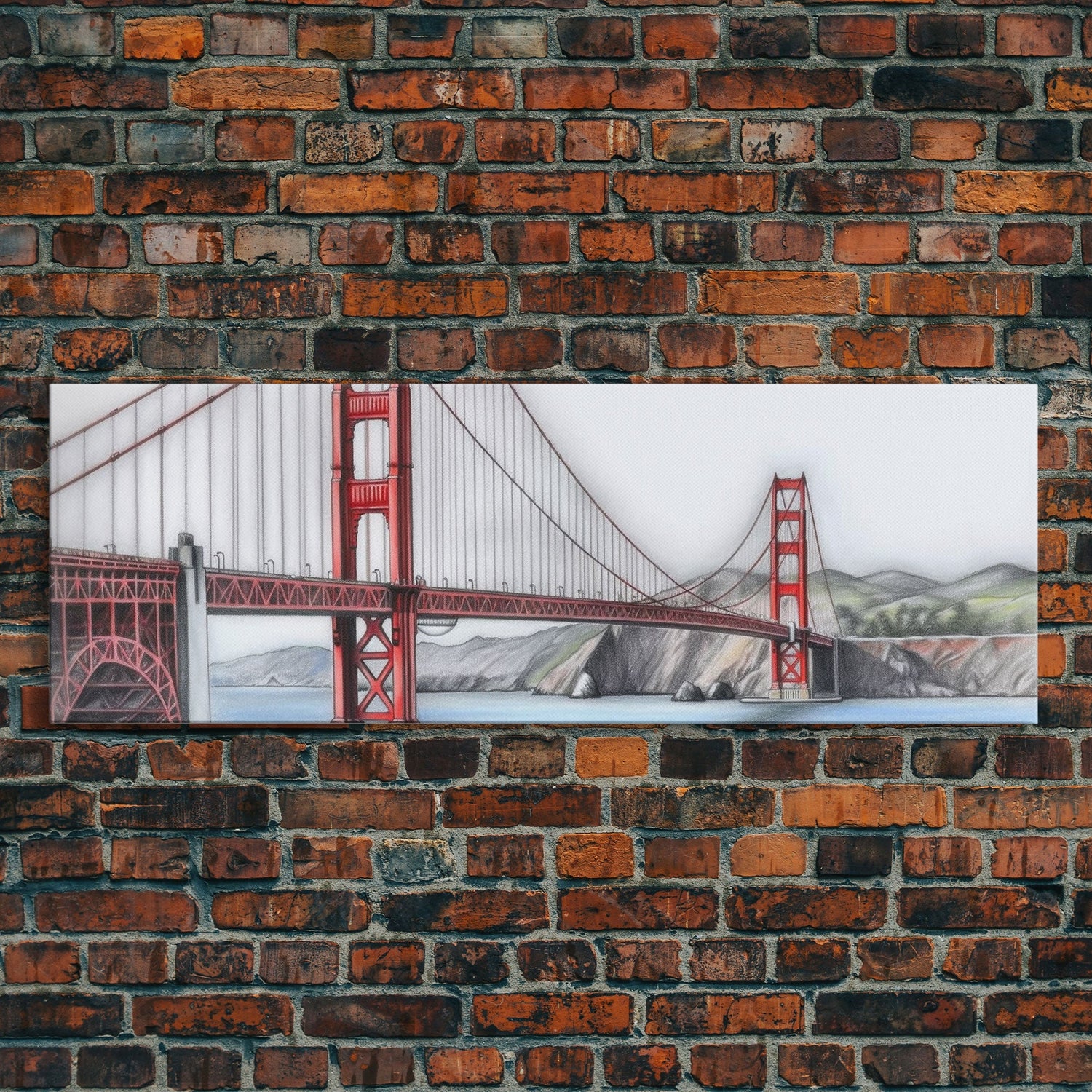 Red Suspension Bridge Canvas Print, Colored Pencil Sketch Art, Mountain, Landscape, River, Lake, Panoramic, Wall Art, Canvas Print