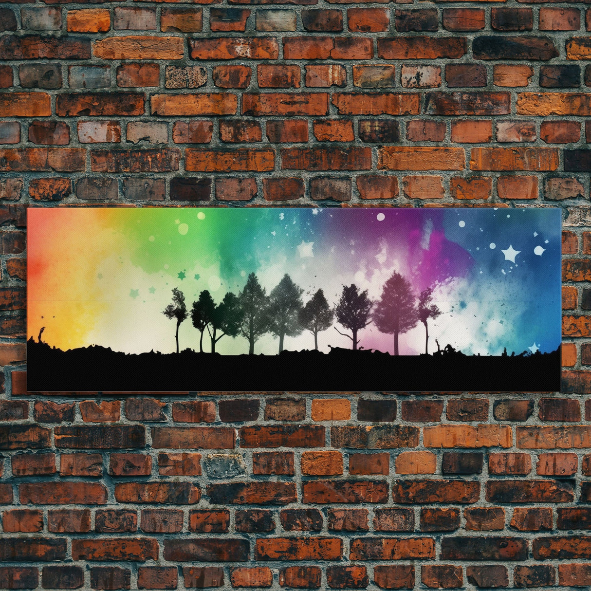 Large Abstract Art Print, Colorful Watercolor Sky, Silhouette Trees, Tie Die Sky, Framed Canvas Print, Panoramic, Wall Art, Canvas Print
