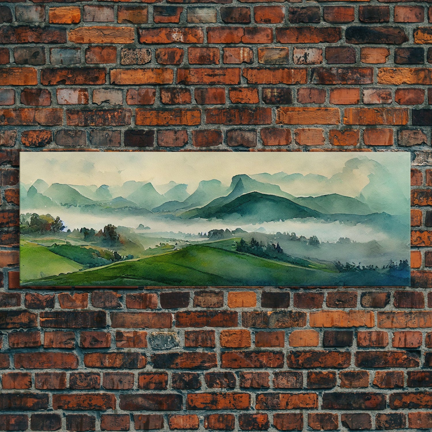 Watercolor Green Land Scape, Ready To Hang Canvas Print, Panoramic Art, Living Room Guest Room Art, Above Bed Landscape Art