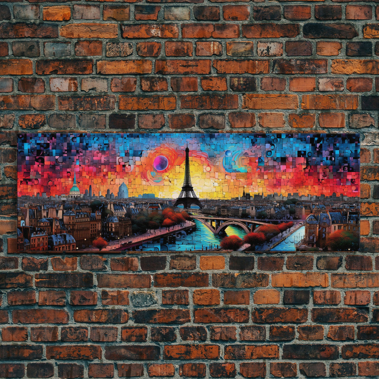 Jigsaw Abstract Paris France Panoramic Framed Canvas Print, Van Gogh Inspired Original Painting, Colorful Wall Art