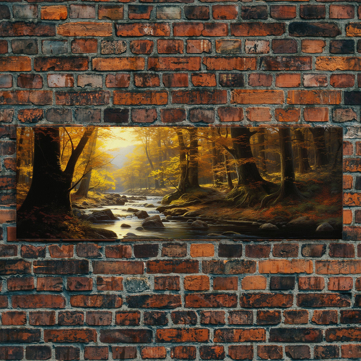 The Forest In The Autumn, Fall Centerpiece, Panoramic Painting Framed Canvas Print, Fall Decor, Orange Leaves Falling In The Forest