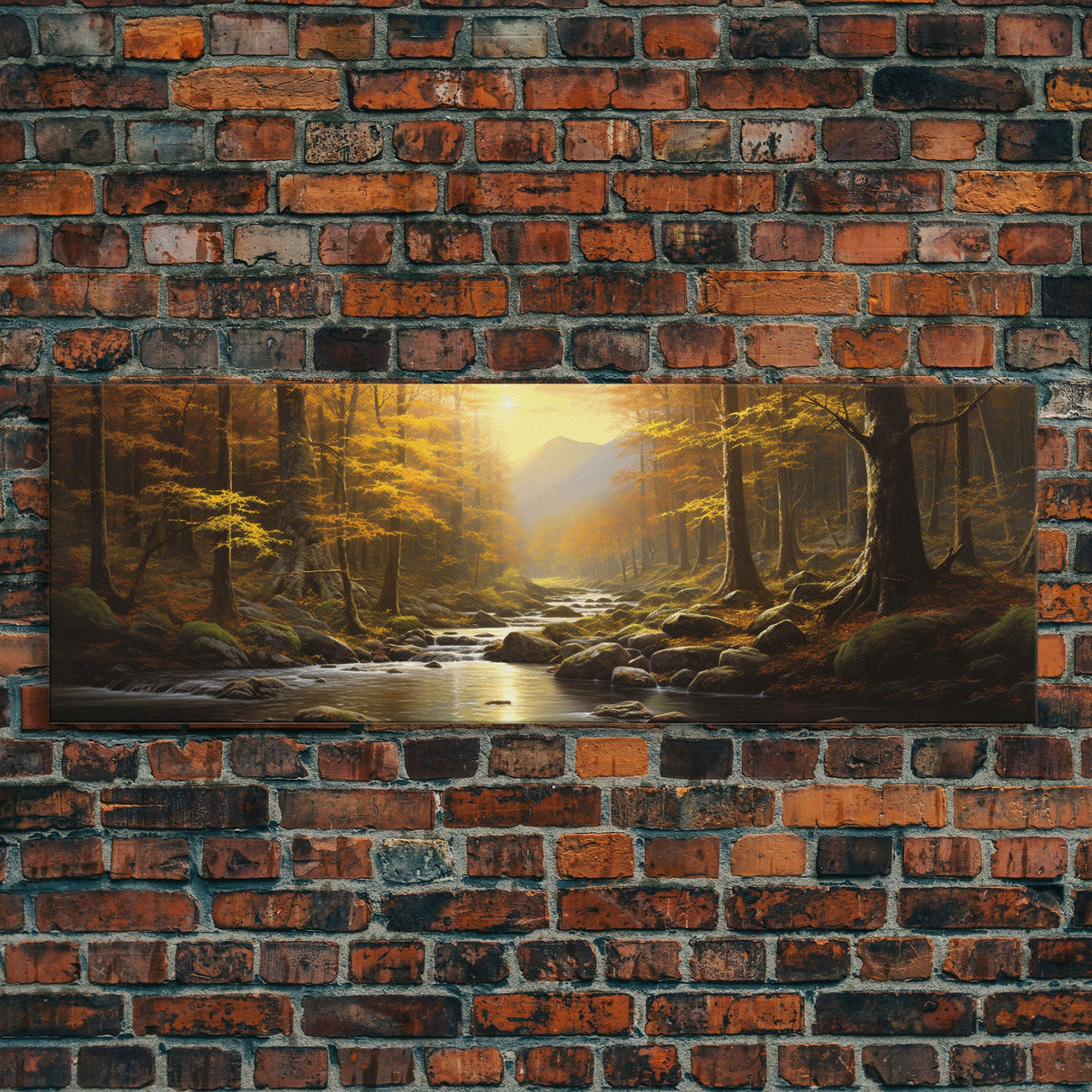 The Forest In The Fall, Fall Centerpiece, Panoramic Painting Framed Canvas Print, Fall Decor, Orange Leaves Falling In The Forest