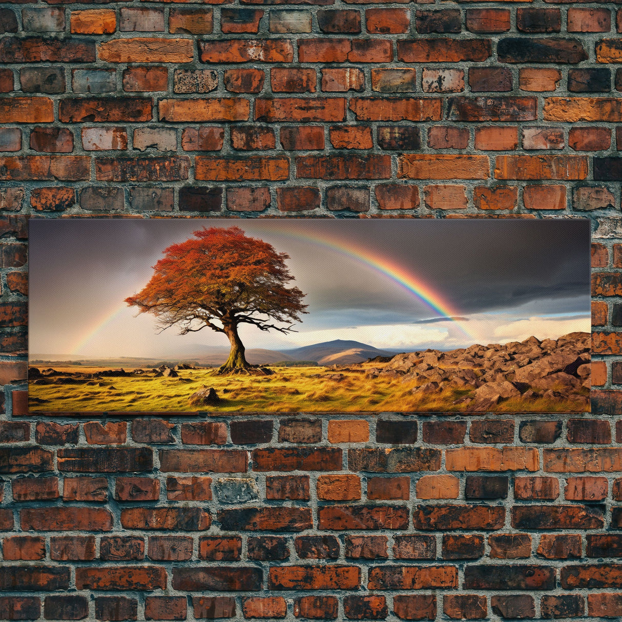 Landscape Wall Art, Vintage Art, Framed Canvas Print, Rainbow Over The Prairie Photography Print, Panoramic Style Extra Large Art