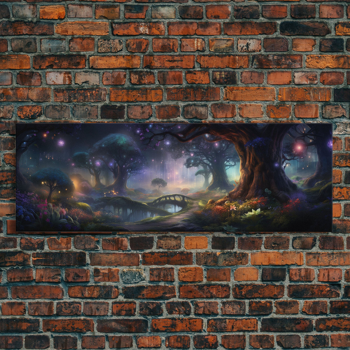 Spiritual Fantasy Forest Wall Art Print, Lanterns and Glowing Trees and Rivers, Fantasy Painting, Living Room Wall Art