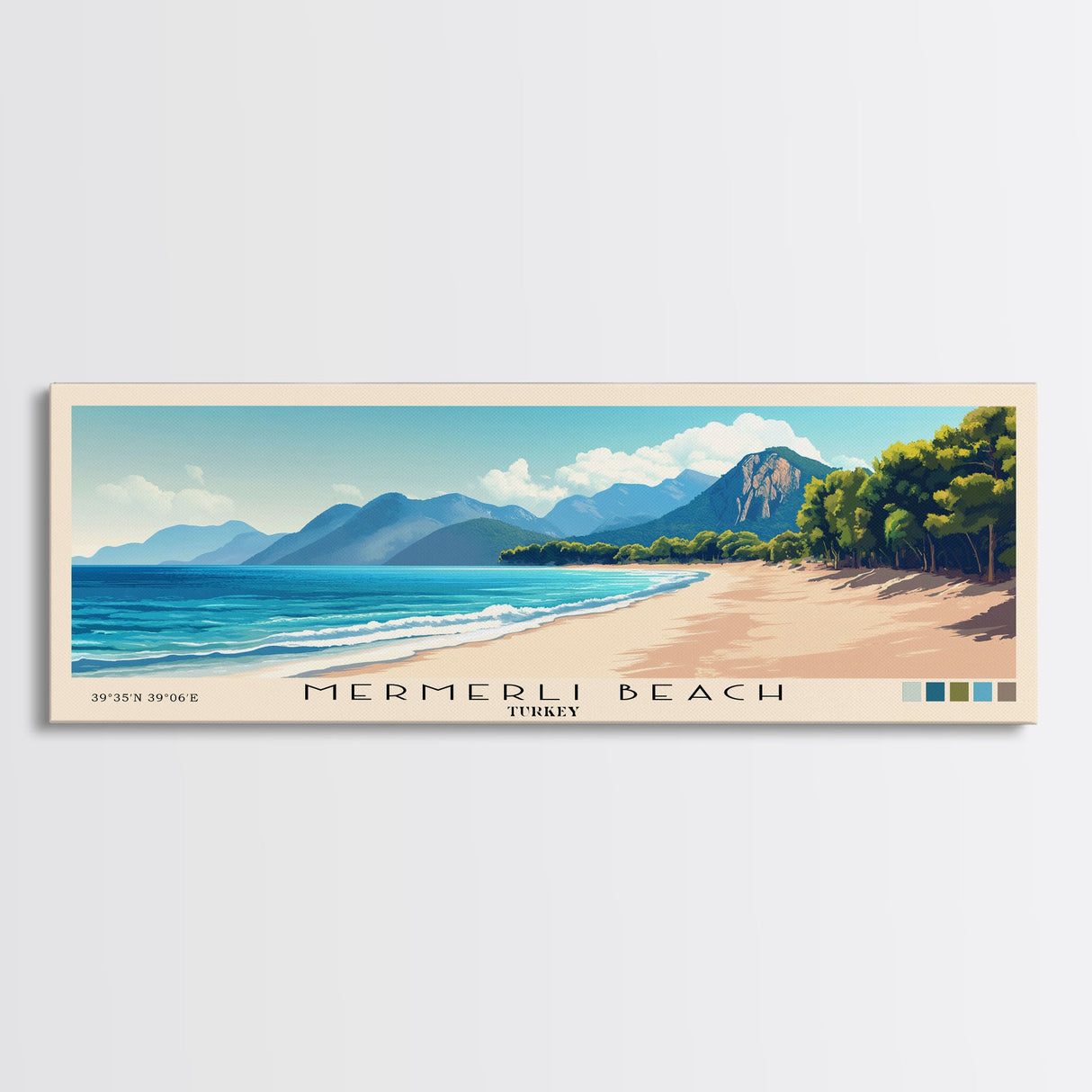 Mermerli Beach, Turkey Panoramic Beach Print, Vacation Gift, Turkey Wall Art, Framed Canvas Print, Framed Beach Painting