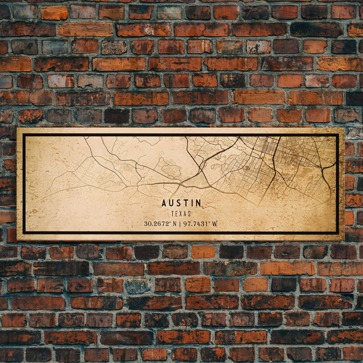 Panoramic Austin Map Print Canvas or Poster, Texas Map Art, Texas Map Print, Vintage Texas Map Framed Art, Retro / Distressed Office Art