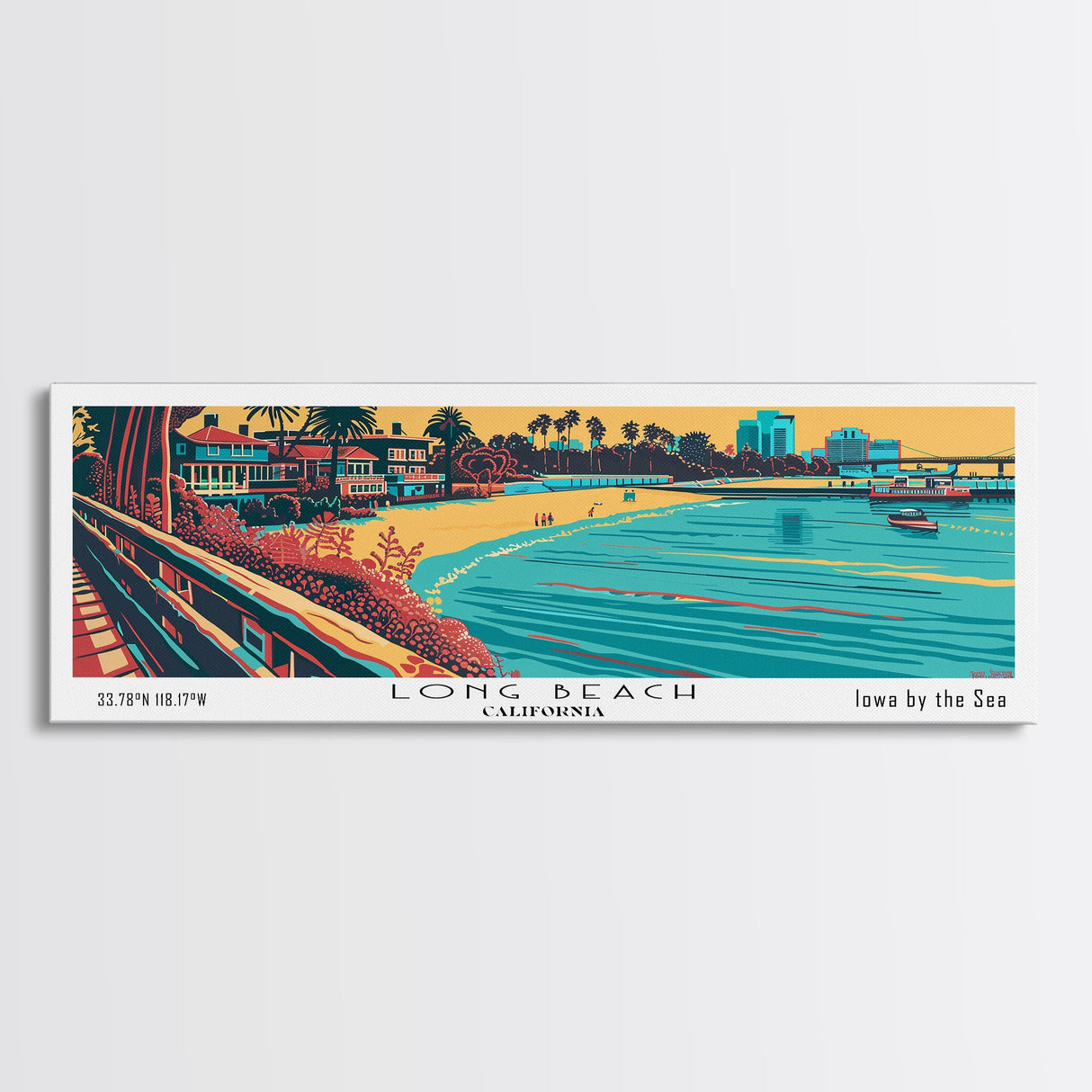 Long Beach California Panoramic Travel Poster Framed Canvas Print, Mid Century Modern Art, Pop Art Style, Wall Art, Home Decor, Wall Hanging