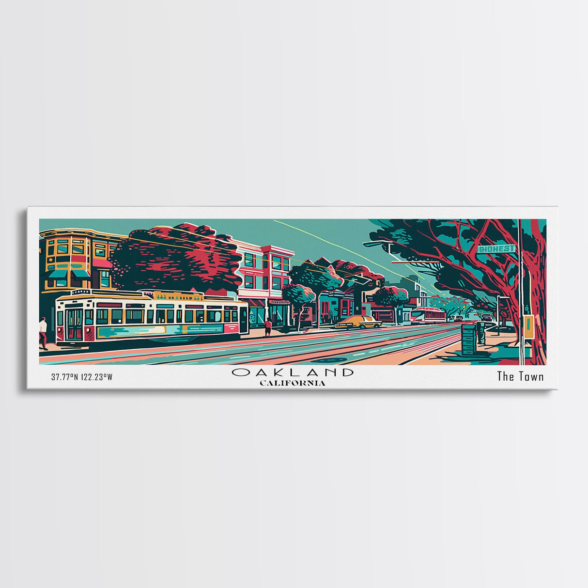 Oakland California Panoramic Travel Poster Framed Canvas Print, Mid Century Modern Art, Pop Art Style, Wall Art, Home Decor, Living Room Art