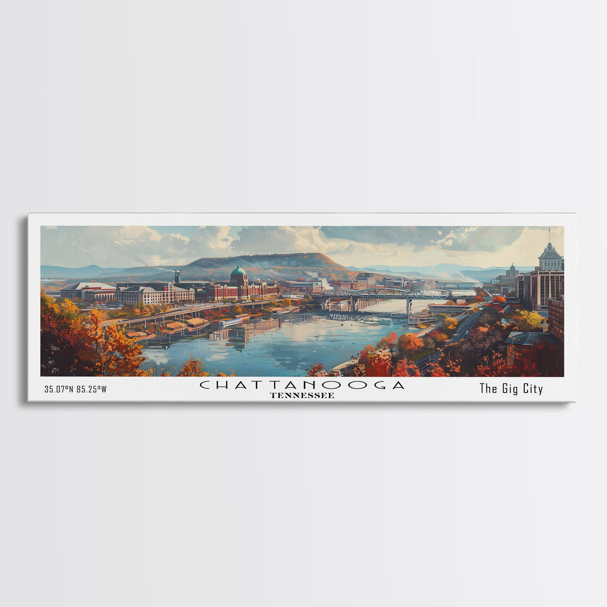 Chattanooga Tennessee Panoramic Watercolor Painting Framed Canvas Print, Travel Poster Art, Scenic Landscape, Living Room Decor, Wall Hanging, Office Art, Tennessee-Themed Gift
