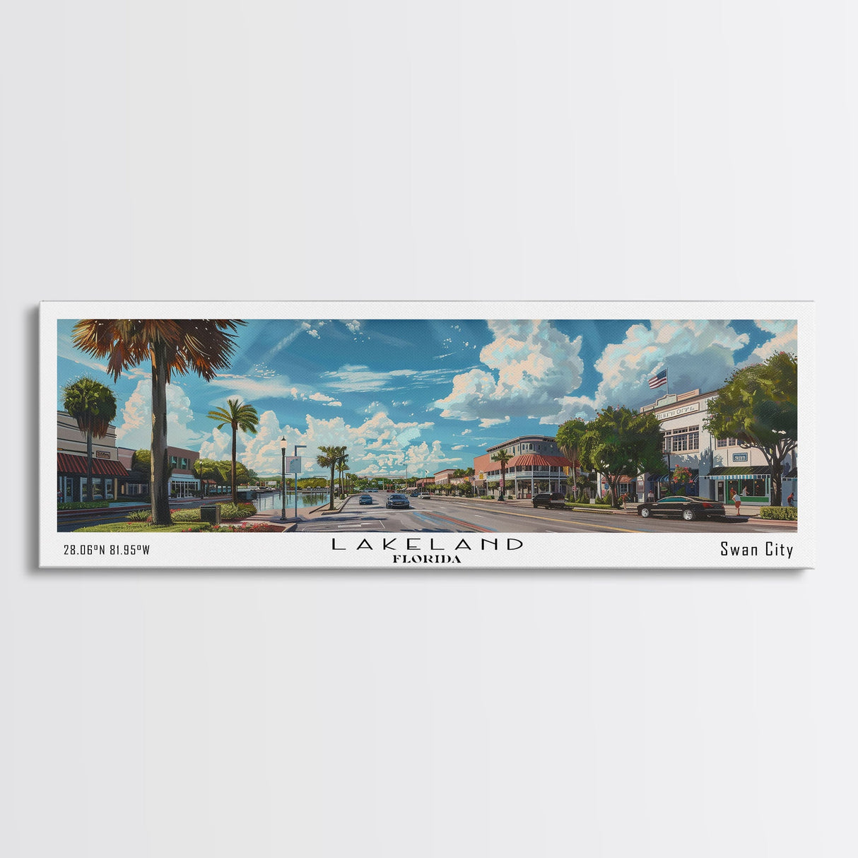 Lakeland Florida Panoramic Cityscape Wall Art, Watercolor Framed Canvas Print, Urban Painting for Living Room, Office Decor, Travel Poster