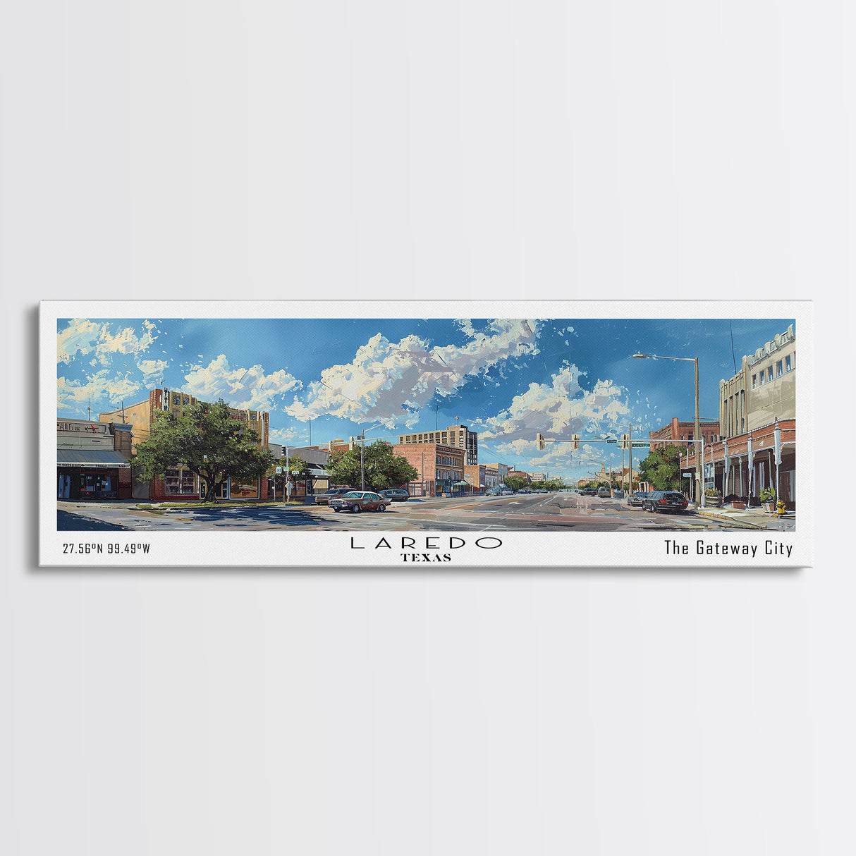 Laredo Texas Panoramic Cityscape Painting, Framed Canvas Print, Urban Decor, Office Wall Art, Watercolor Travel Poster, Home Decoration