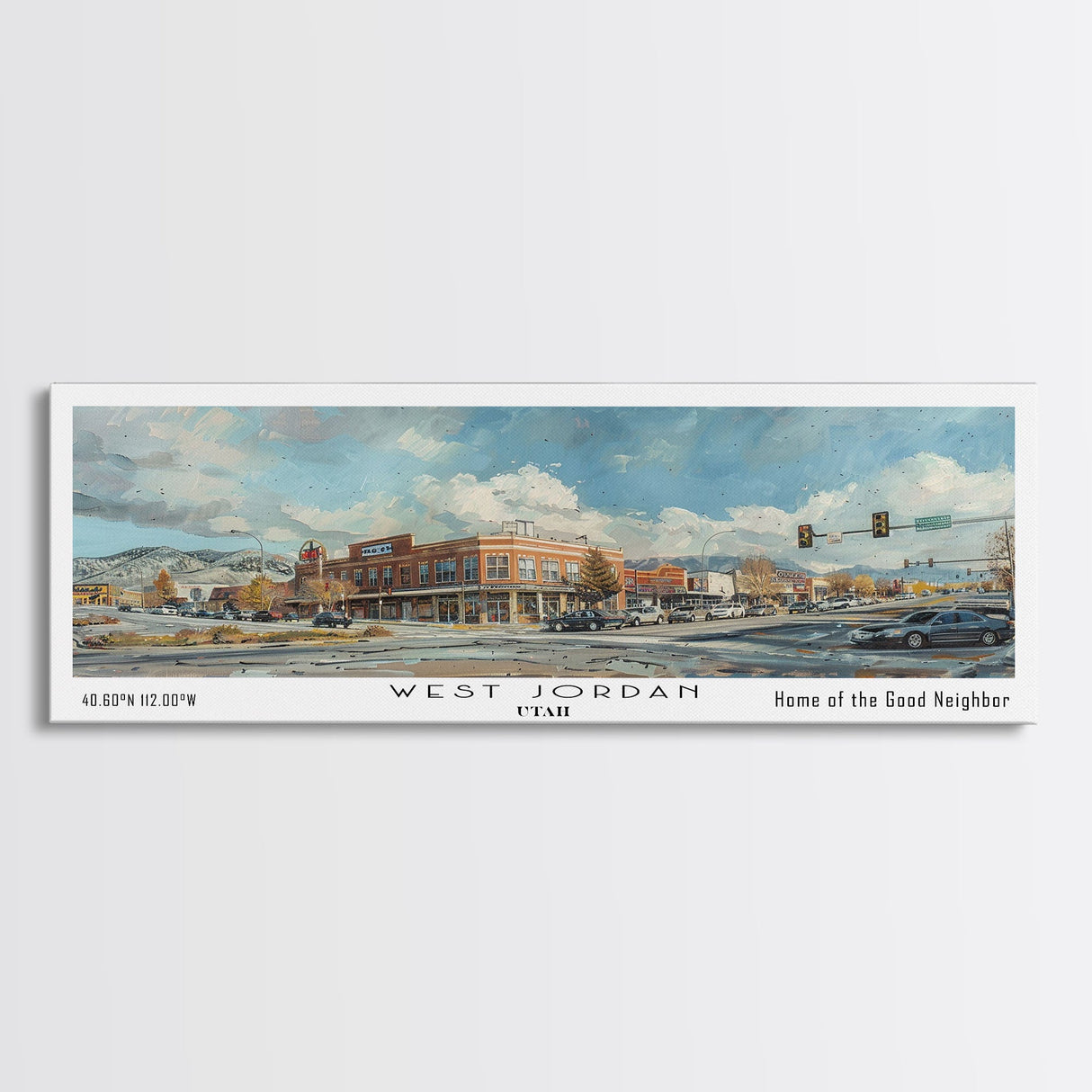 West Jordan Utah Panoramic Framed Canvas Print, Artistic Travel Poster, Retro Wall Art, Unique Living Room Decor, Office Gift Idea