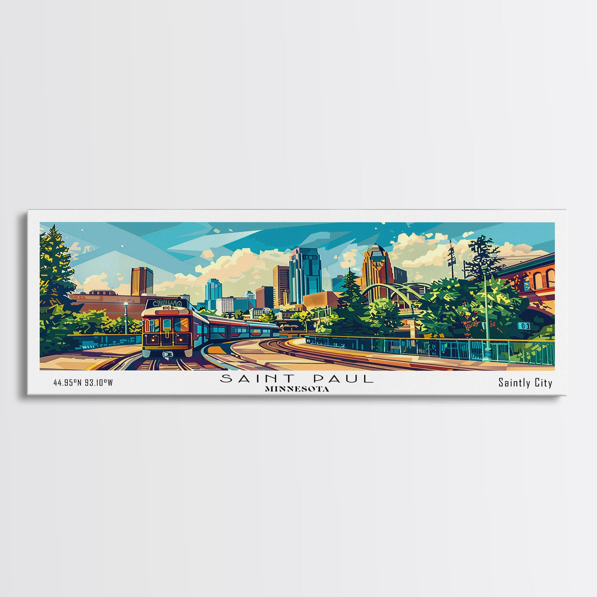 Saint Paul Minnesota Panoramic Framed Canvas Print, Mid Century Modern Pop Art, Retro Wall Art Decor, Travel Poster Painting