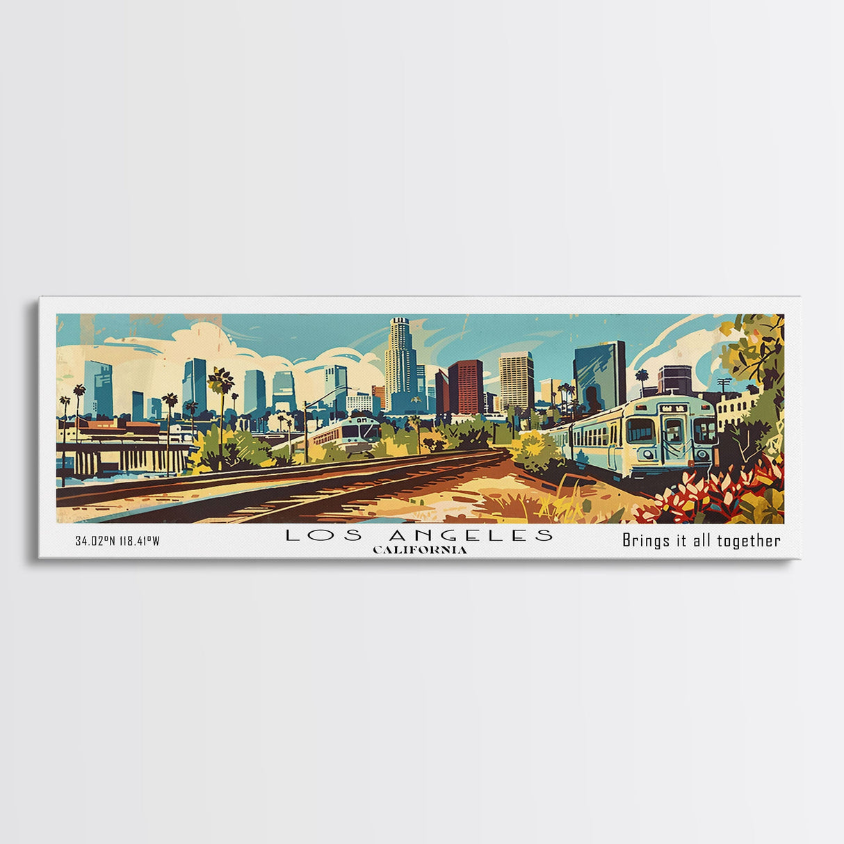 Los Angeles California Panoramic Wall Art, Mid Century Modern Framed Canvas Print, Retro Pop Art Travel Poster, Home Decor, Office Wall Art, Gift Idea
