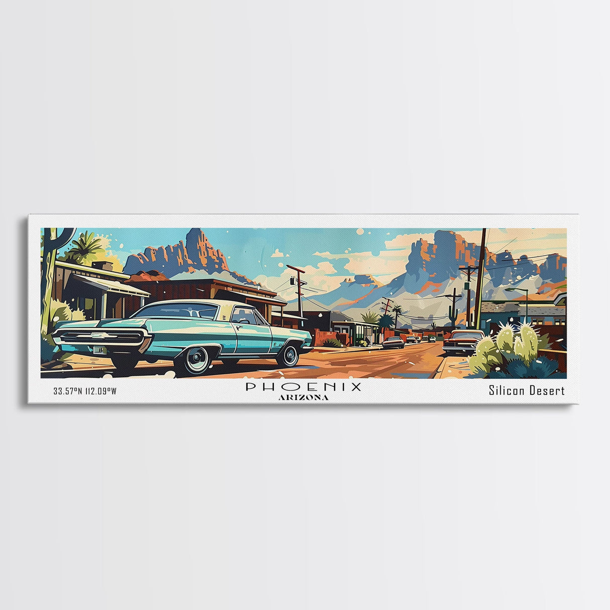 Phoenix Arizona Panoramic Painting, Retro Style Framed Canvas Print, Mid Century Modern Art, Pop Art Travel Poster, Home Office Decor