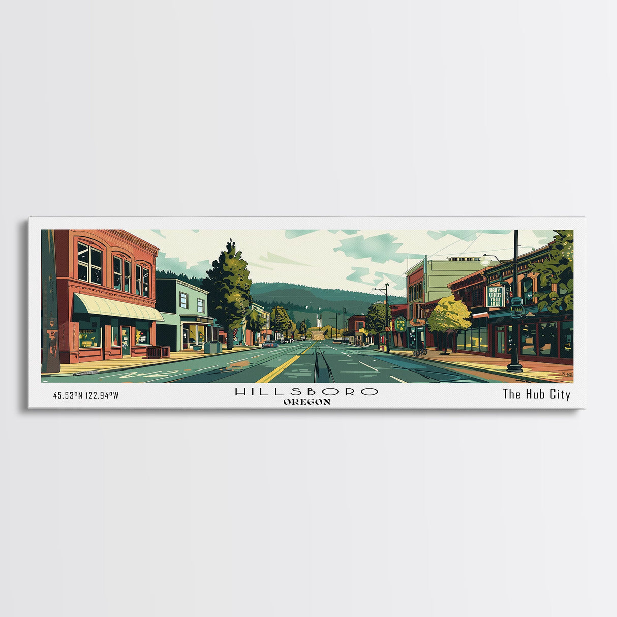 Hillsboro Oregon Panoramic Painting, Mid Century Modern Framed Canvas Print, Retro Pop Art Travel Poster, Office Wall Decor