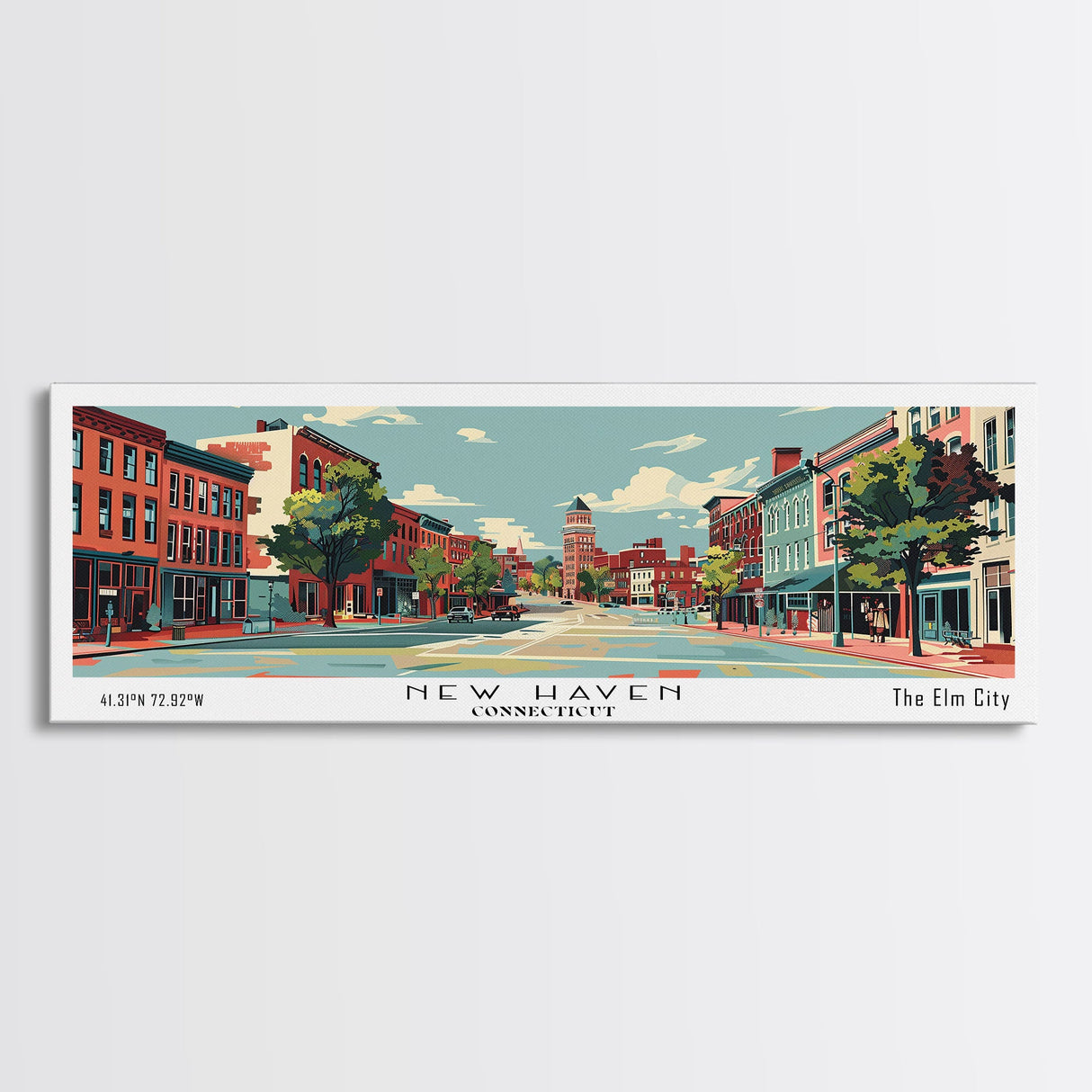 New Haven Connecticut Panoramic Wall Art, Mid Century Modern Framed Canvas Print, Retro Pop Art Travel Poster, Living Room Art