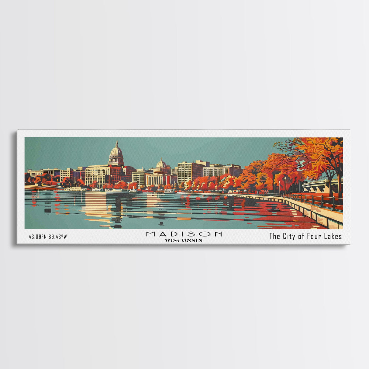 Madison Wisconsin Panoramic Wall Art, Mid Century Modern Framed Canvas Print, Retro Pop Art Travel Poster, Office Decor, Gift Idea
