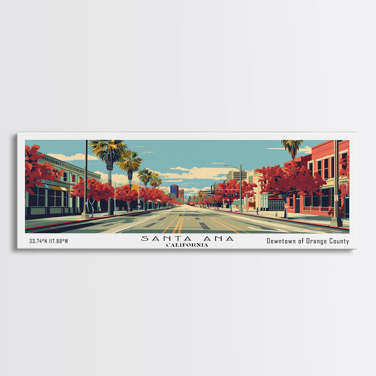 Santa Ana California Panoramic Wall Art, Mid Century Modern Framed Canvas Print, Retro Pop Art Cityscape, Travel Poster, Living Room Decor