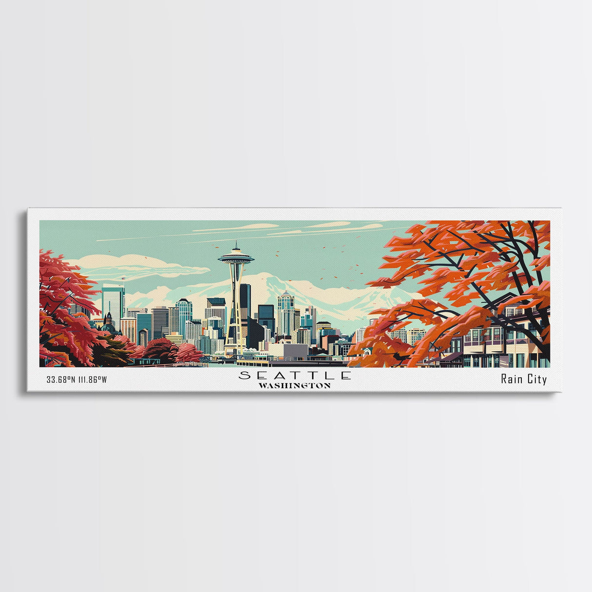 Seattle Washington Panoramic Painting, Mid Century Modern Framed Canvas Print, Retro Pop Art Travel Poster, Cityscape, Home Decor, Office Wall Art