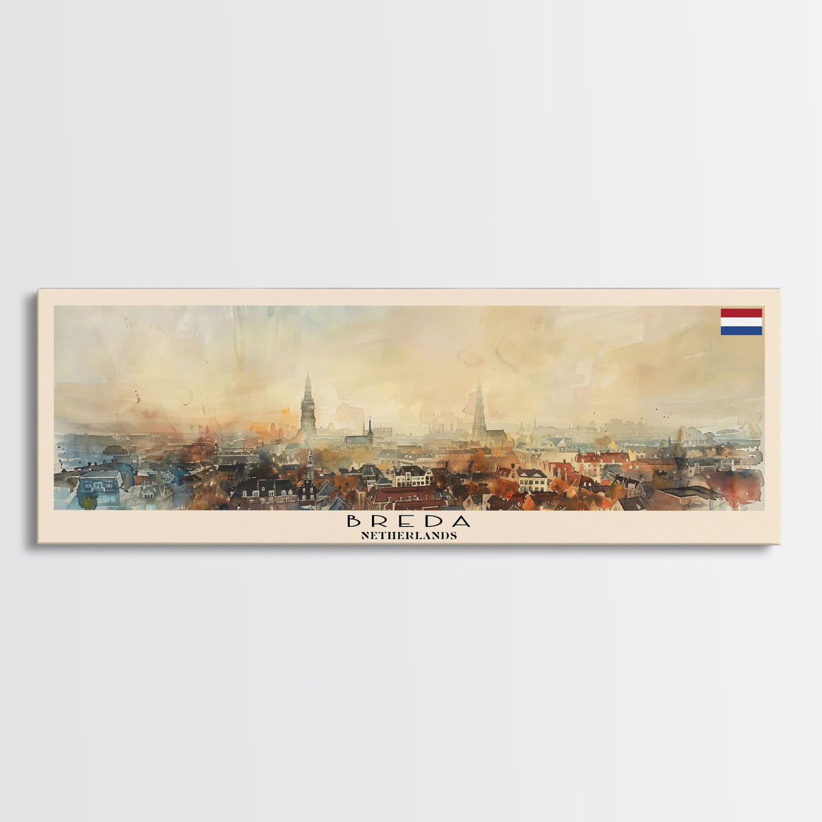 Breda Netherlands Panoramic Travel Poster, Framed Canvas Print or Metal Wall Art, Travel Art, Home Decor, Panoramic Painting, Midcentury Art