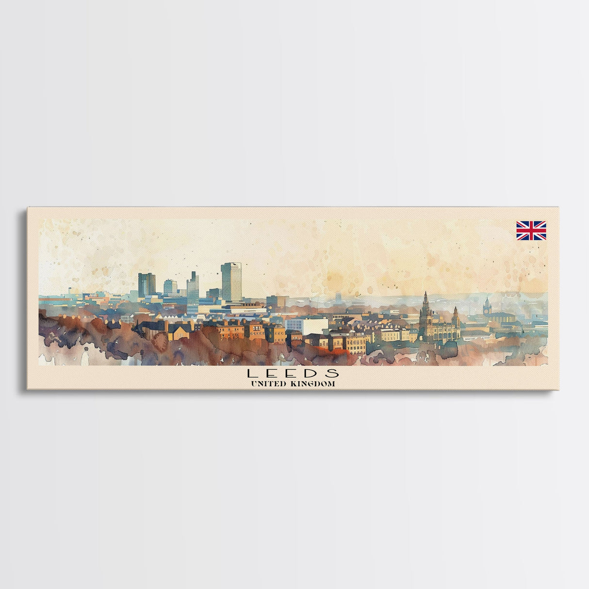 Leeds United Kingdom Panoramic Travel Poster, Framed Canvas Print or Metal Wall Art, Travel Art, Home Decor, Panoramic Painting, Midcentury Art