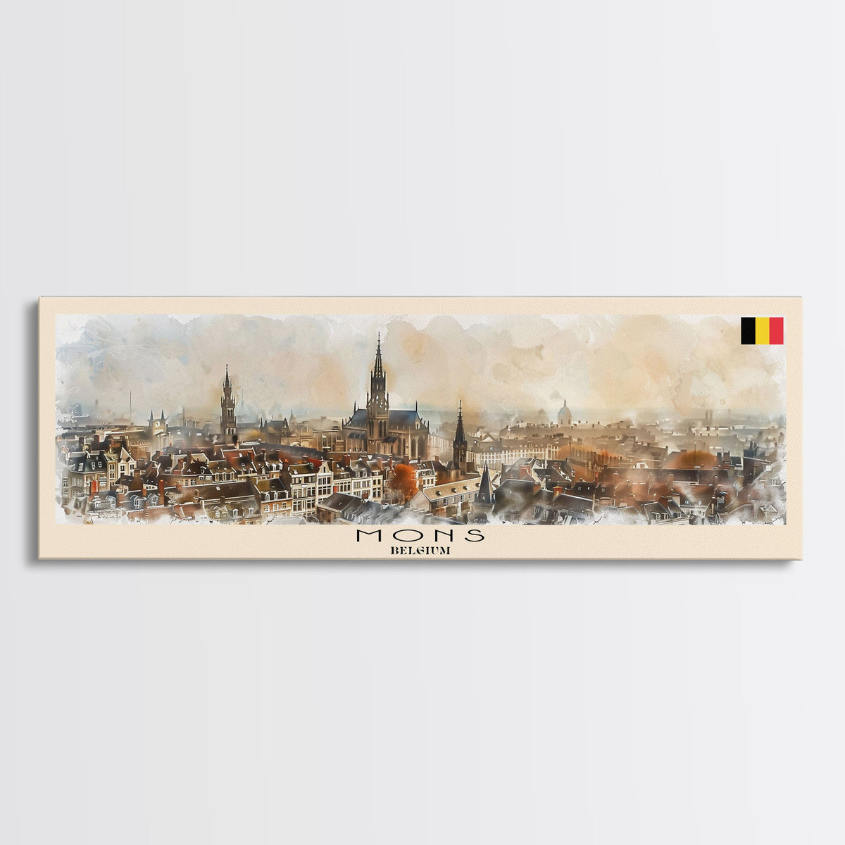 Mons Belgium Panoramic Travel Poster, Framed Canvas Print or Metal Wall Art, Travel Art, Home Decor, Panoramic Painting, Midcentury Art