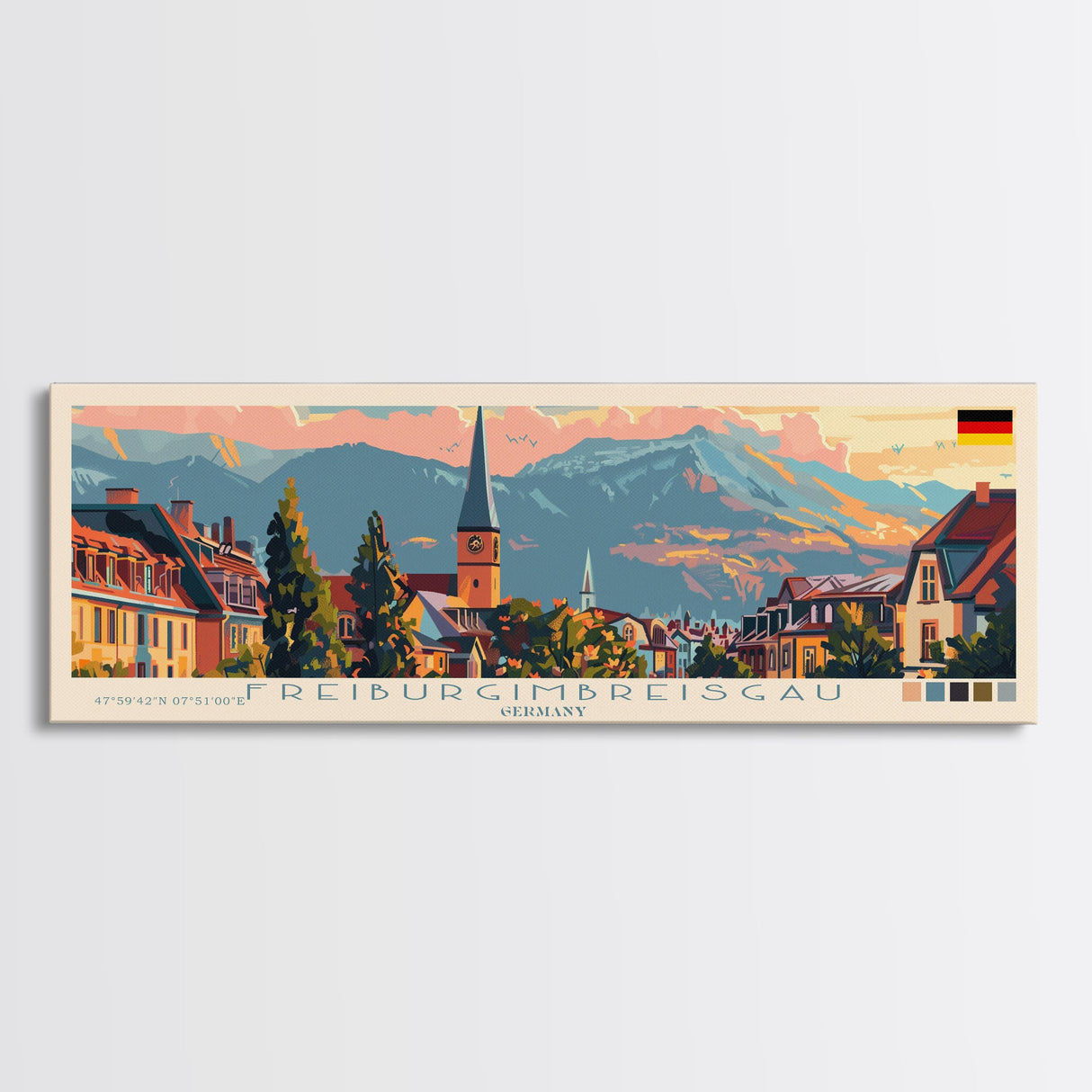 Freiburg Germany Panoramic Travel Poster, Framed Canvas Print or Metal Wall Art, Travel Art, Home Decor, Panoramic Painting, Midcentury Art