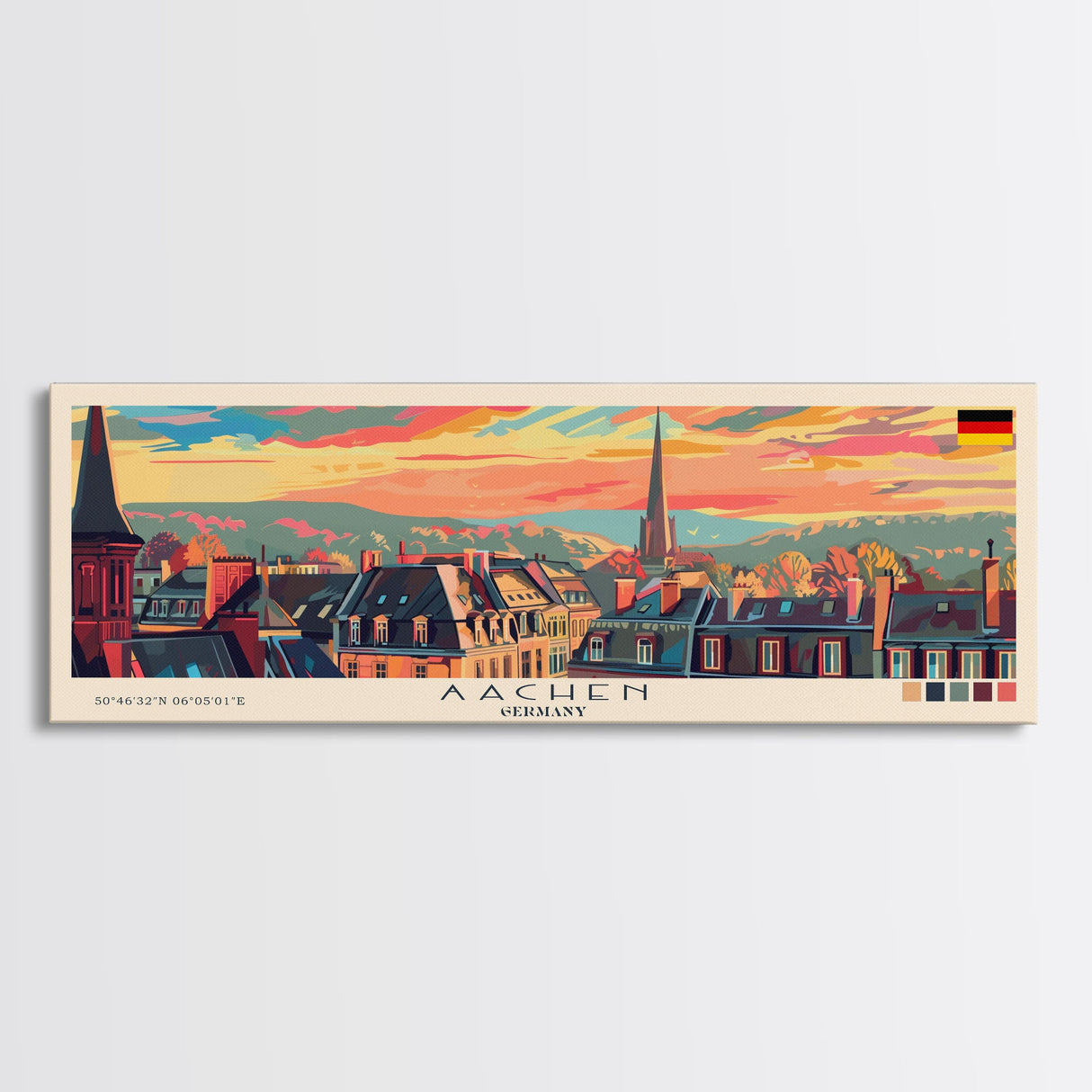 Aachen Germany Panoramic Travel Poster, Framed Canvas Print or Metal Wall Art, Travel Art, Home Decor, Panoramic Painting, Midcentury Art