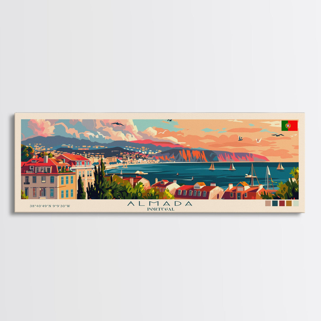 Almada Portugal Travel Art, City Art, Framed Canvas Print or Metal Wall Art, Europe Travel Poster, Panoramic Wall Art, Extra Wide Wall Art