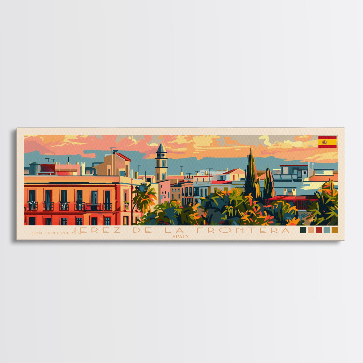 Jerez D eLa Frontera Spain Panoramic Travel Poster, Framed Canvas Print or Metal Wall Art, Travel Art, Home Decor, Panoramic Painting, Midcentury Art