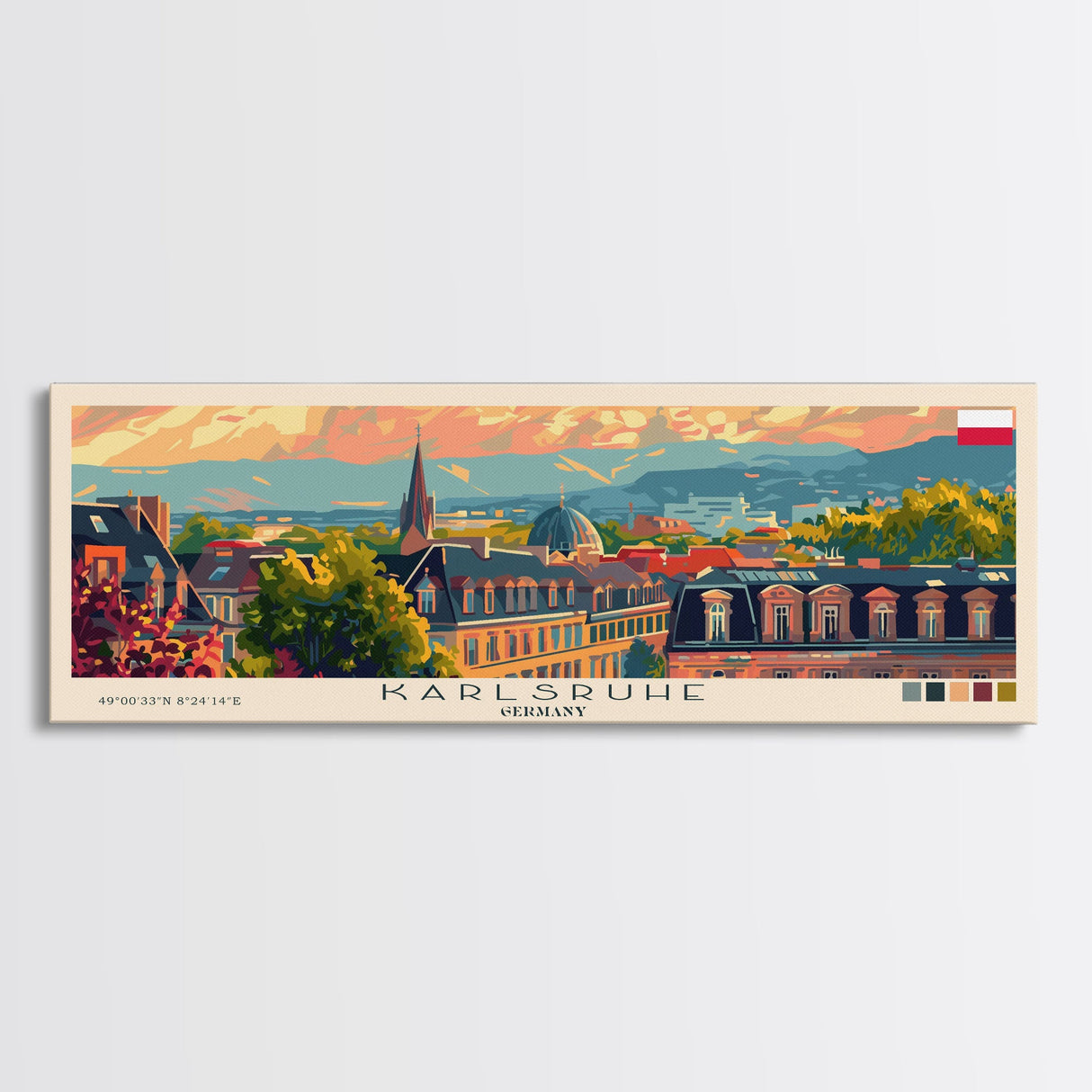 Karlsruhe Germany Panoramic Travel Poster, Framed Canvas Print or Metal Wall Art, Travel Art, Home Decor, Panoramic Painting, Midcentury Art