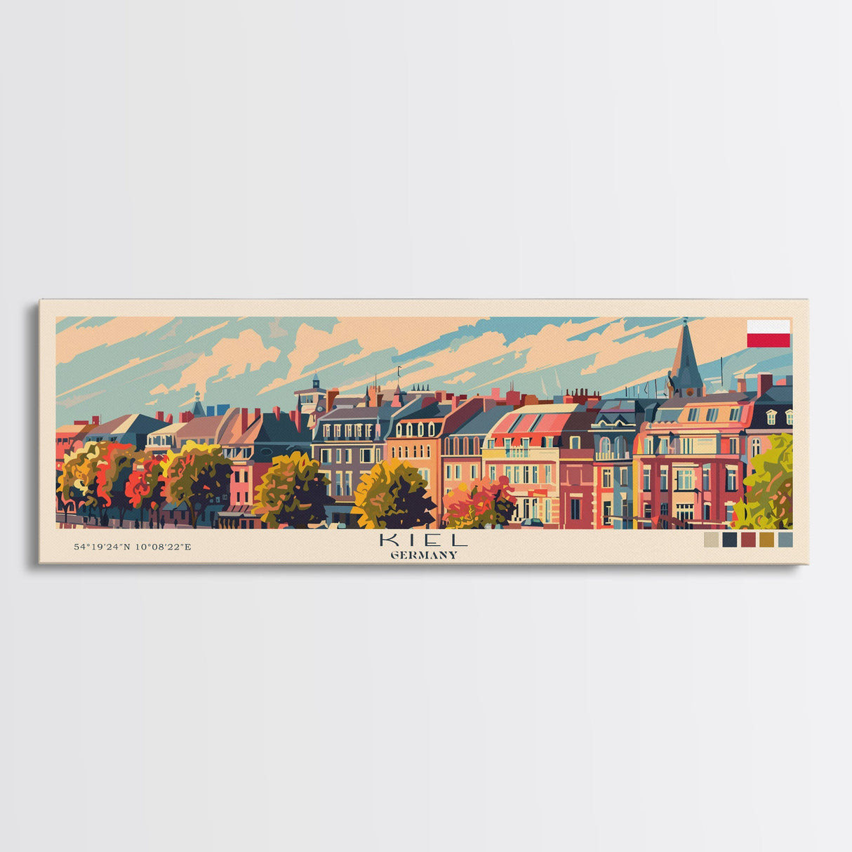 Kiel Germany Panoramic Travel Poster, Framed Canvas Print or Metal Wall Art, Travel Art, Home Decor, Panoramic Painting, Midcentury Art