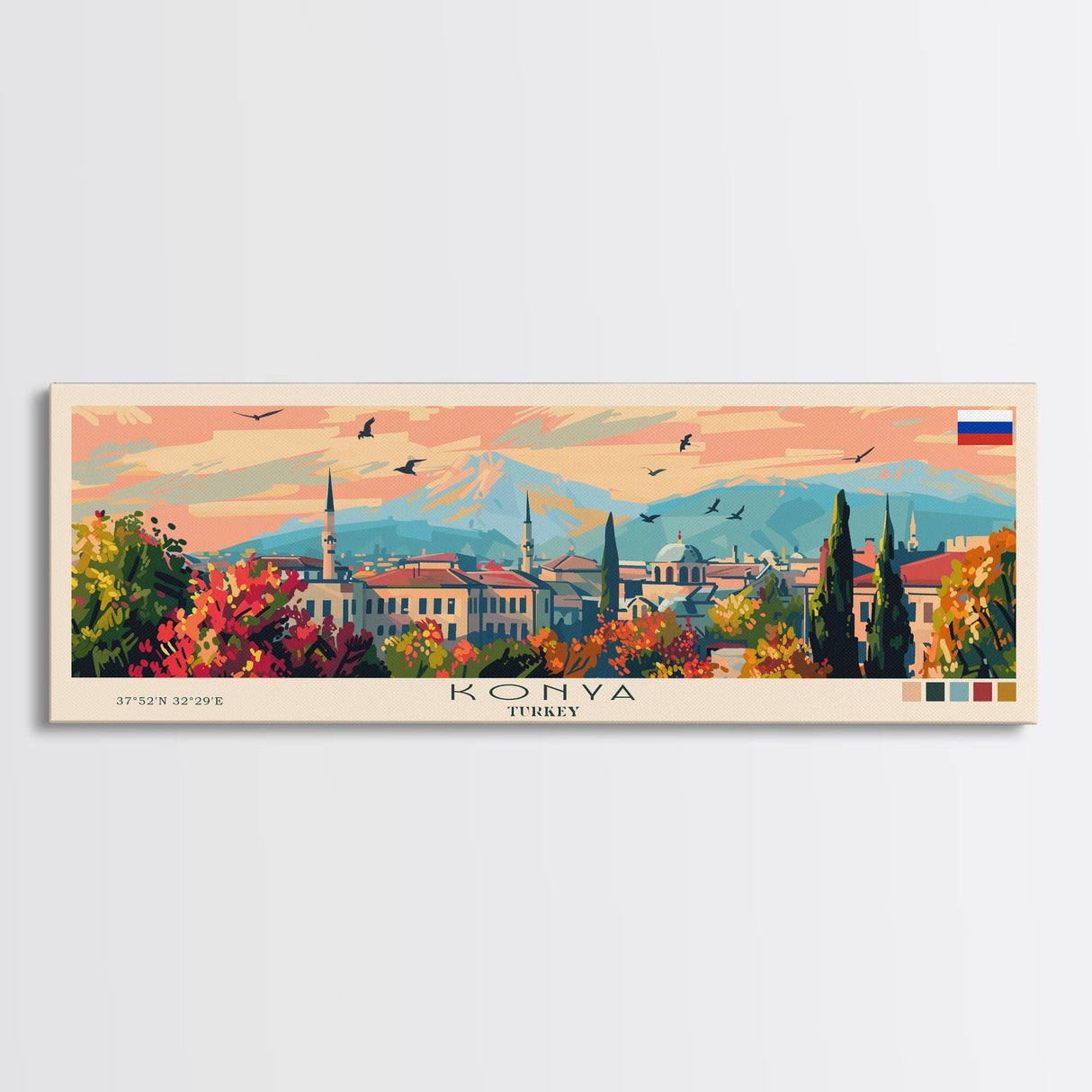 Konya Turkey Panoramic Travel Poster, Framed Canvas Print or Metal Wall Art, Travel Art, Home Decor, Panoramic Painting, Midcentury Art