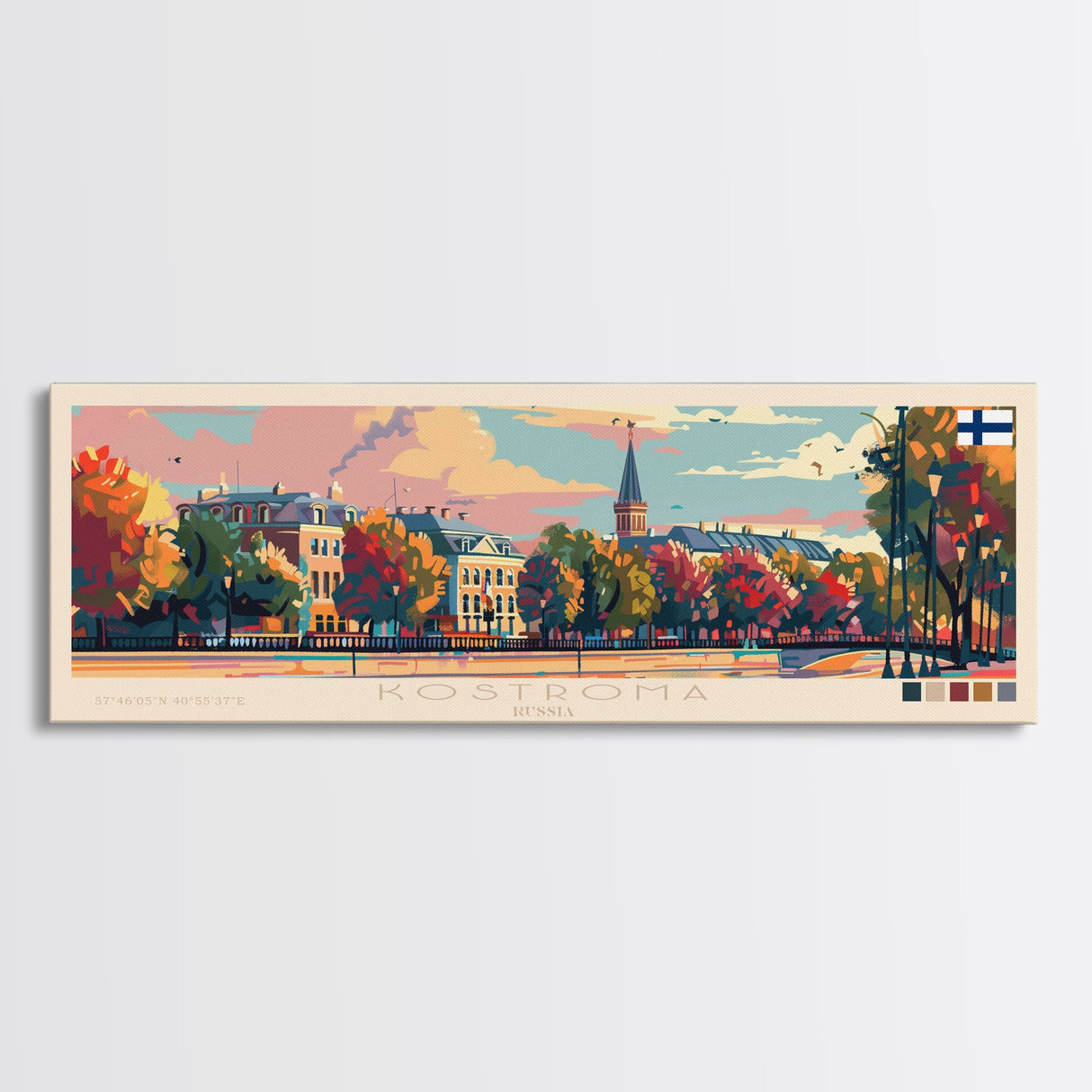 Kostroma Russia Panoramic Travel Poster, Framed Canvas Print or Metal Wall Art, Travel Art, Home Decor, Panoramic Painting, Midcentury Art
